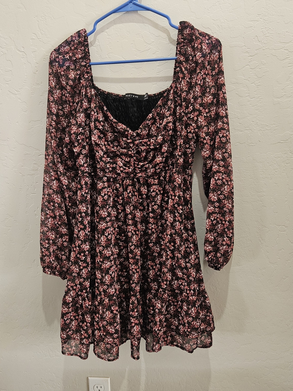 Black Floral Square-Neck Long Sleeve Mini Dress - Pink Bloom